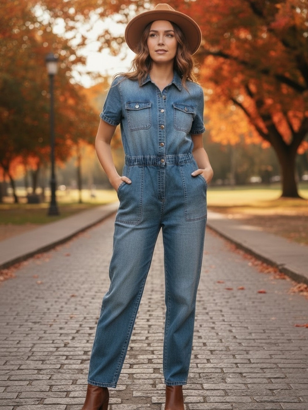 Celebrity Pink Blue Denim Button-Front Jumpsuit